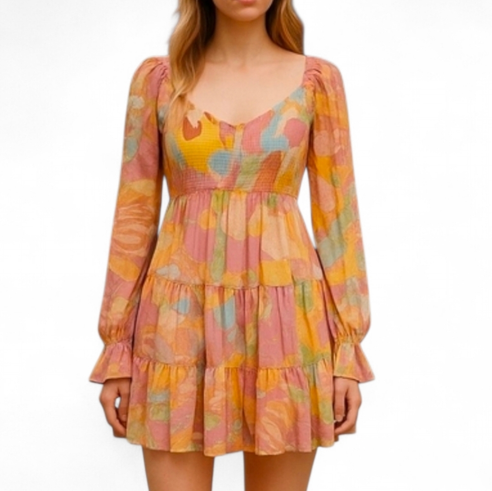 Flying Tomato Long Sleeve Smocked Ruffle Babydoll Dress Large